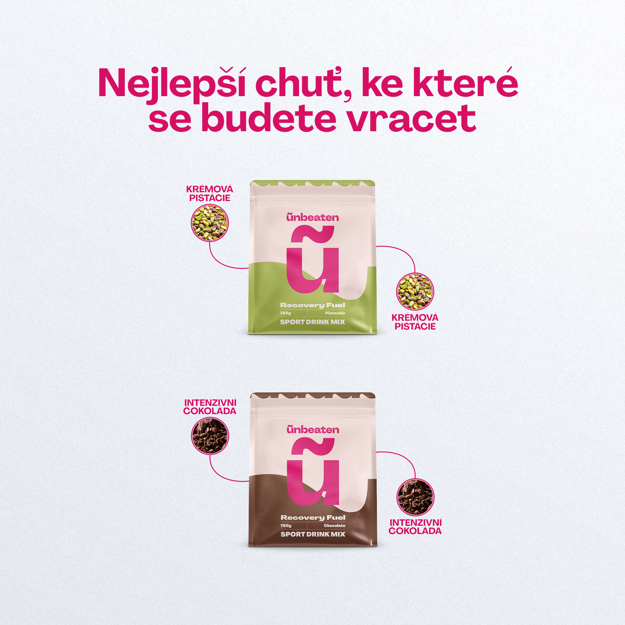 Recovery Fuel příchutě — pistácie a čokoláda